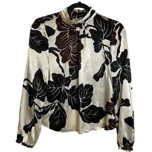 Cupcakes and Cashmere Blouse NEW Sz XS High Neck Long Sleeves Bold Leaf Print